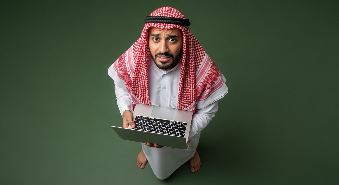 A Gulf man using a laptop with a red suitcase next to him