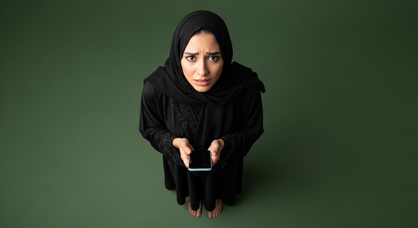 Gulf woman holding a mobile phone with a blank black screen looking up