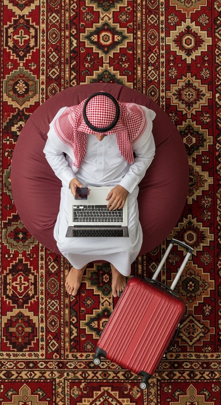 A Gulf man using a laptop with a red suitcase next to him