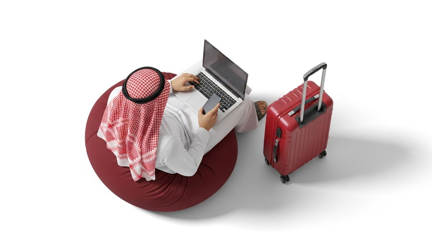 Gulf man using a laptop with a red suitcase next to him
