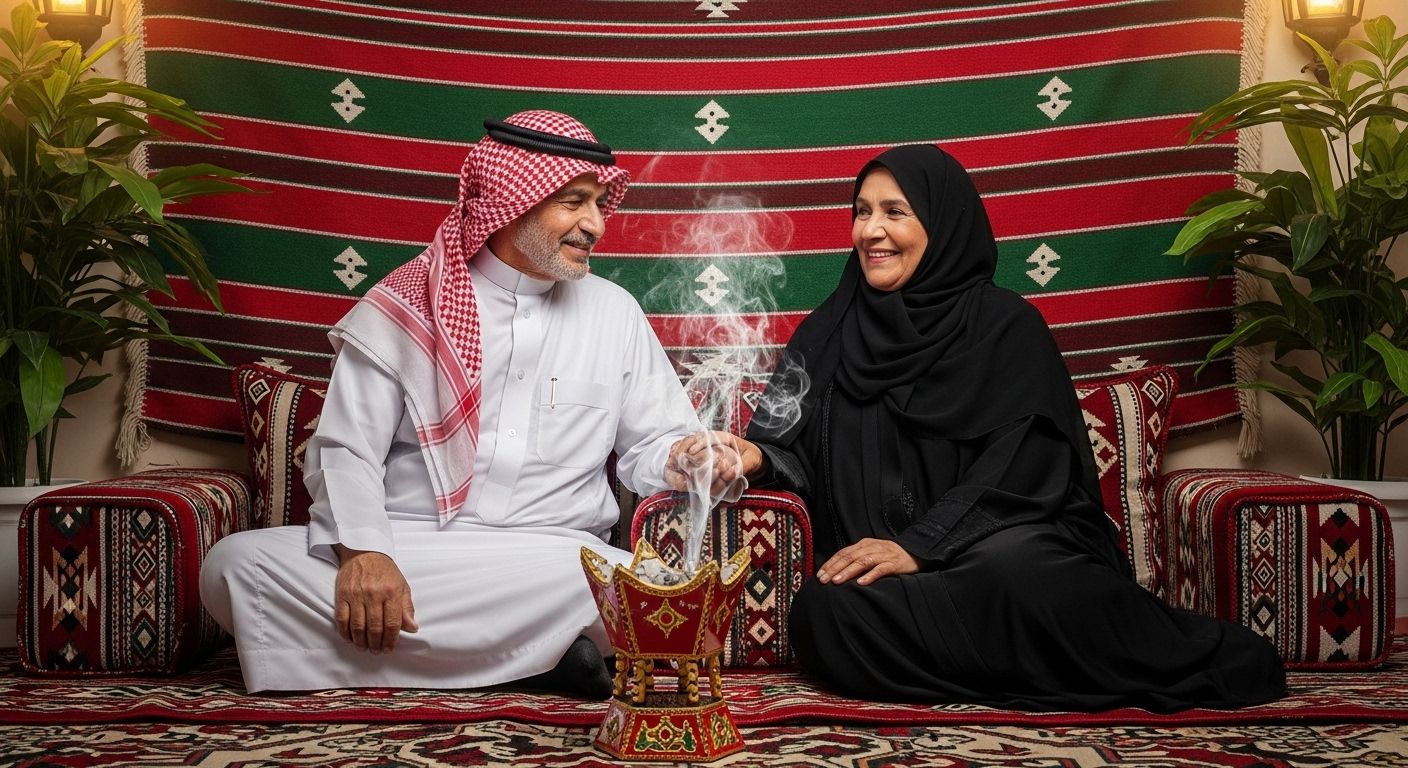 A Saudi family sitting in a heritage council.