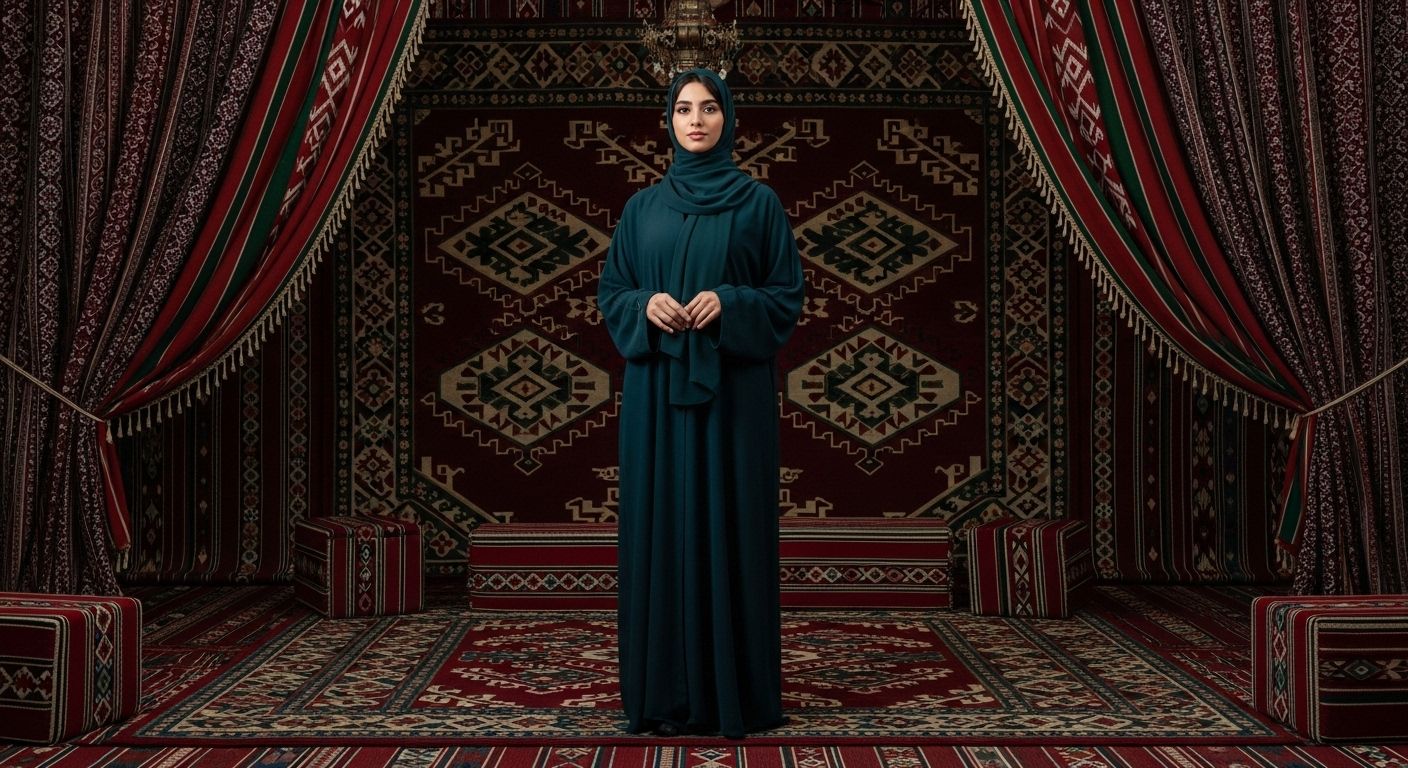 A woman wearing an abaya stands in the middle of an Arab council