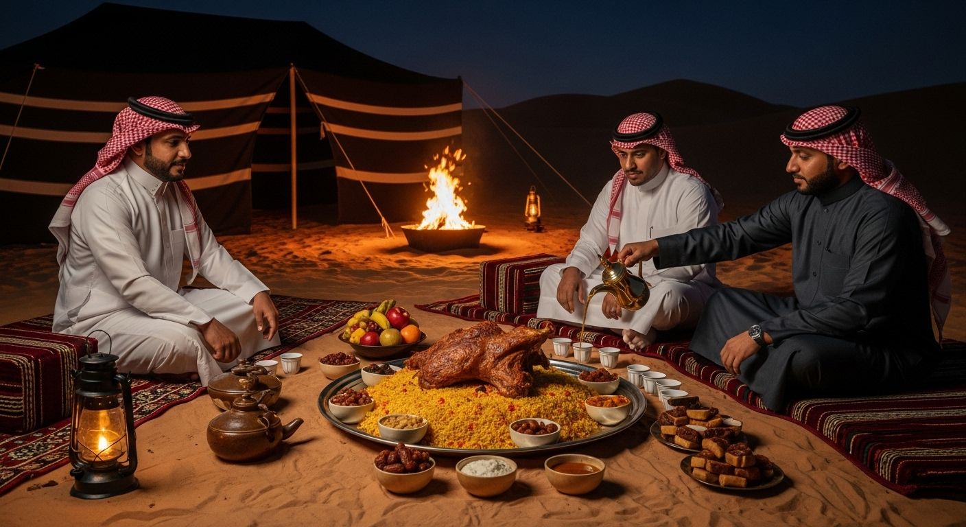 A traditional Arab desert session brings together three Gulf men in the desert at night.