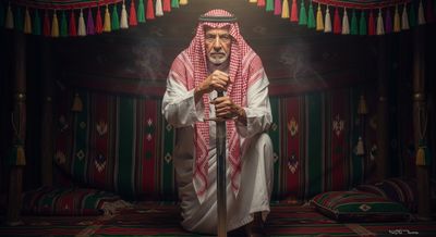 An elderly man in Gulf dress leans on the hilt of his sword inside an Arab majlis.