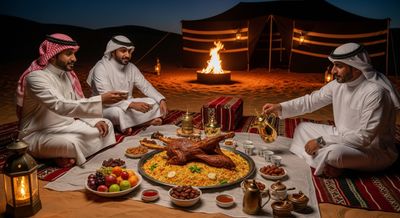A traditional Arab desert session brings together three Gulf men in the desert at night.