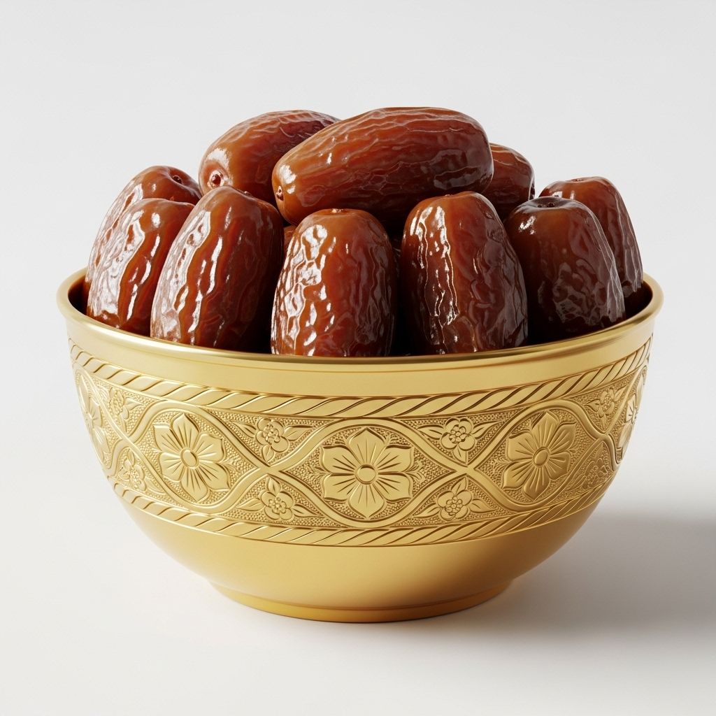 Golden ornate plate filled with fresh dates