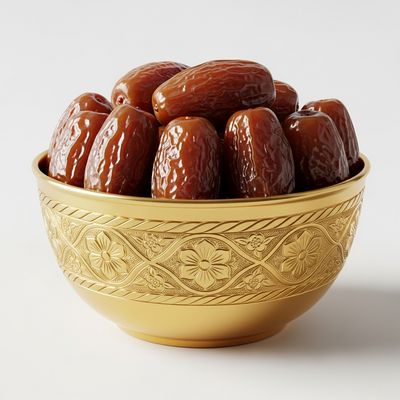 Golden ornate plate filled with fresh dates