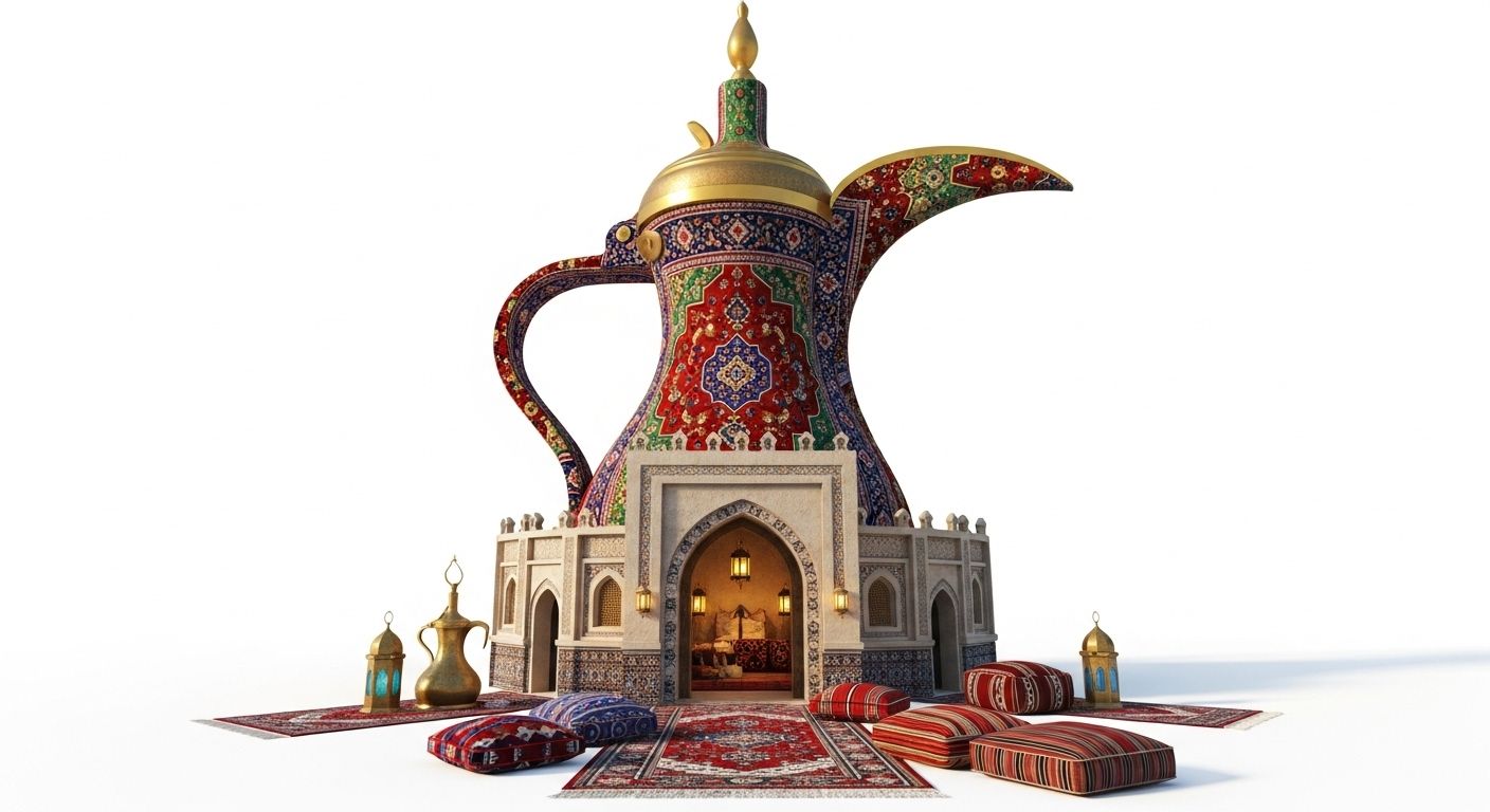 Arabic coffee pot with a design covered with colorful oriental motifs