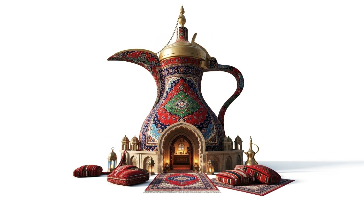 Arabic coffee pot with a design covered with colorful oriental motifs