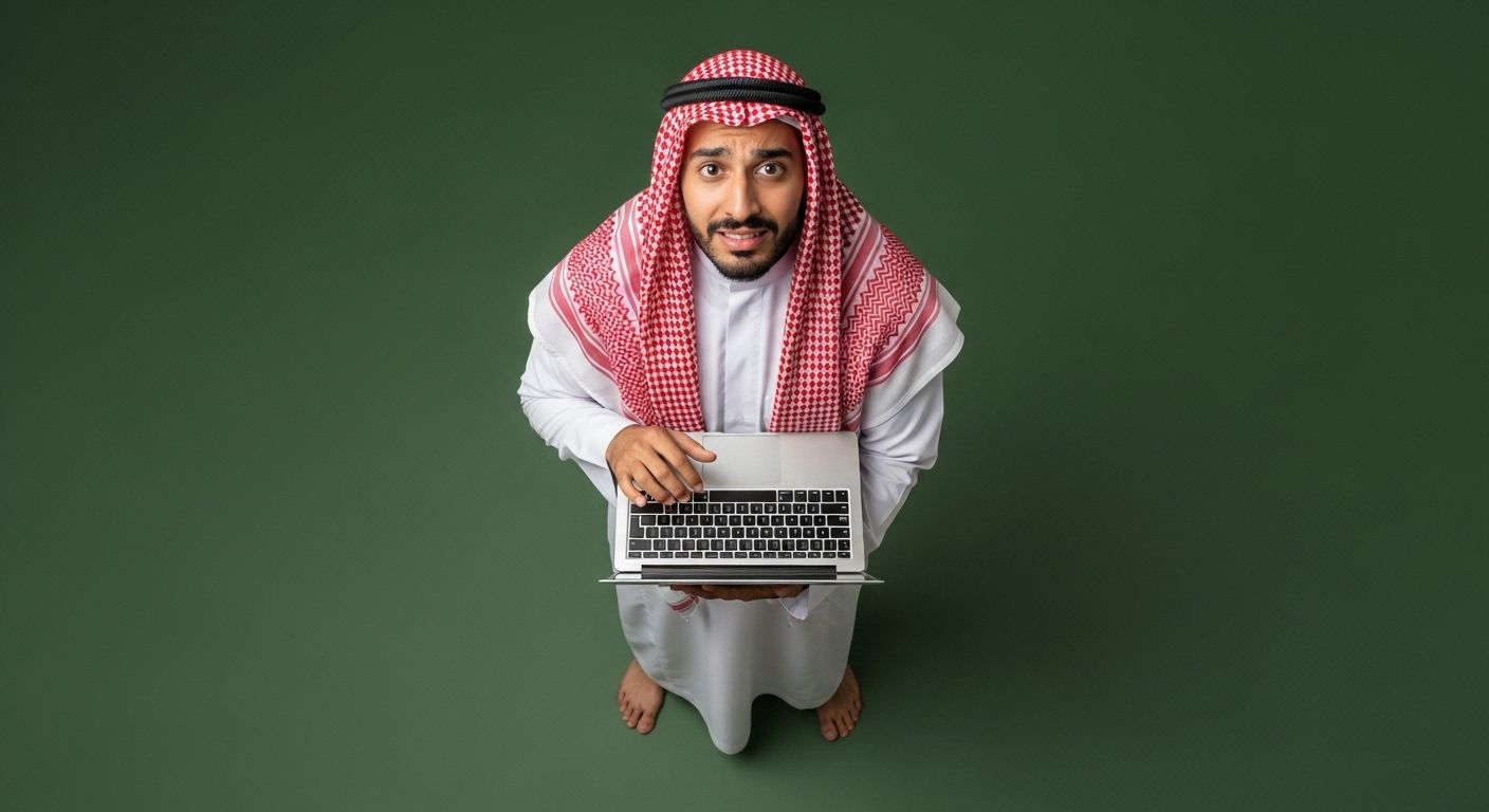 Gulf man holding a laptop and looking up