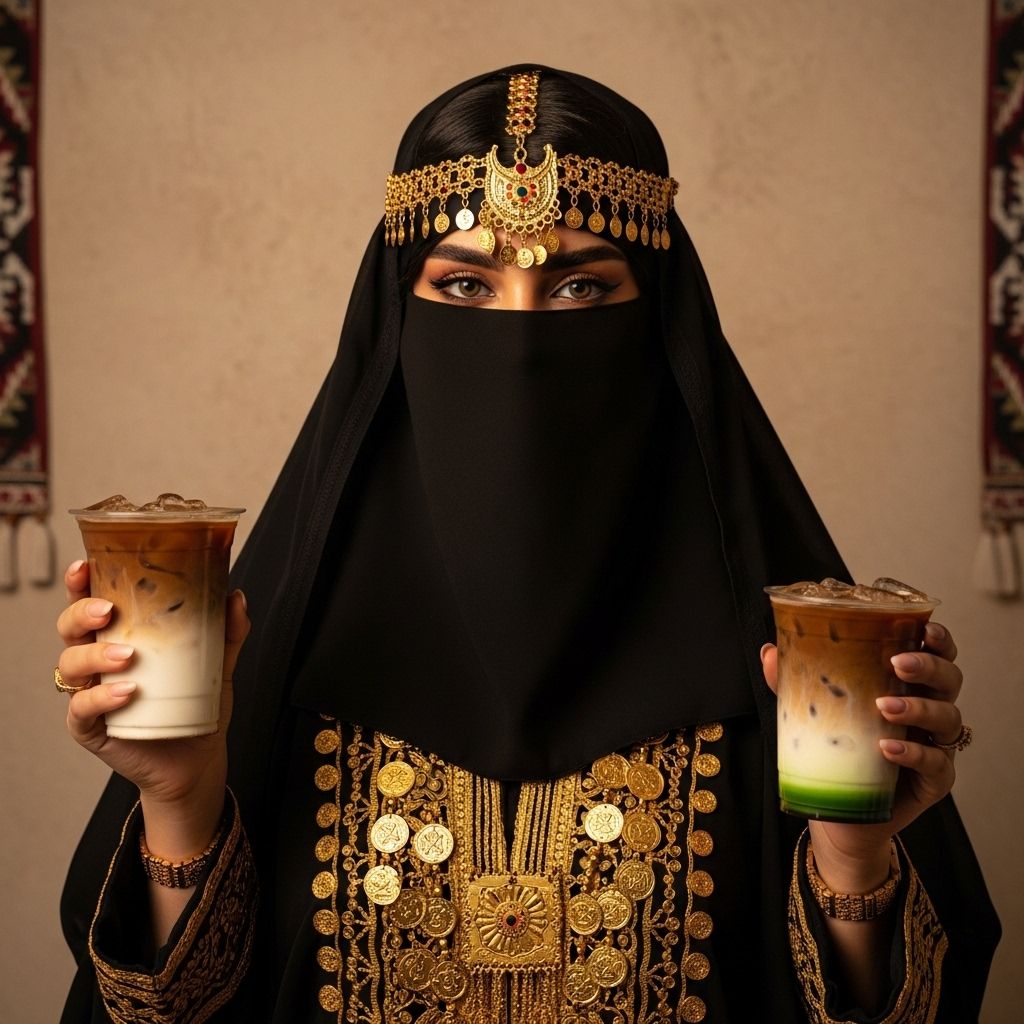 A Gulf woman wearing a niqab holds two cups of cold coffee.