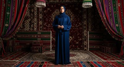 A woman wearing an abaya stands in the middle of an Arab council