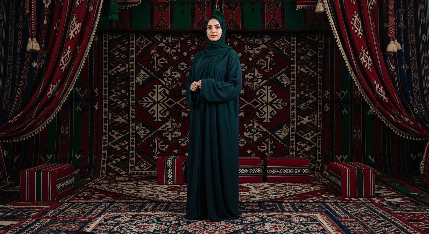 A woman wearing an abaya stands in the middle of an Arab council