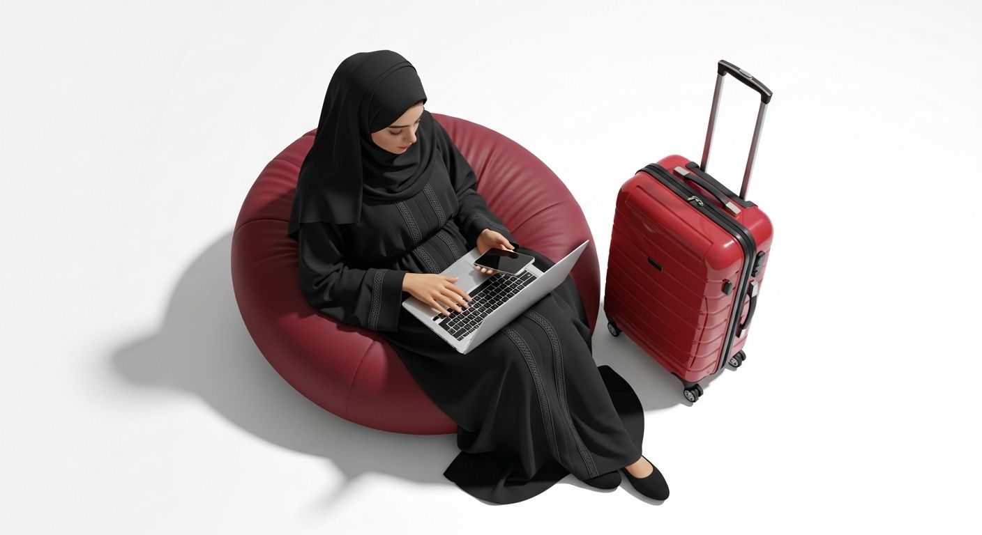 A Gulf girl using a laptop with a red suitcase next to her