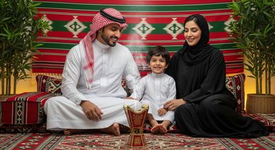 A Saudi family sitting in a heritage council.