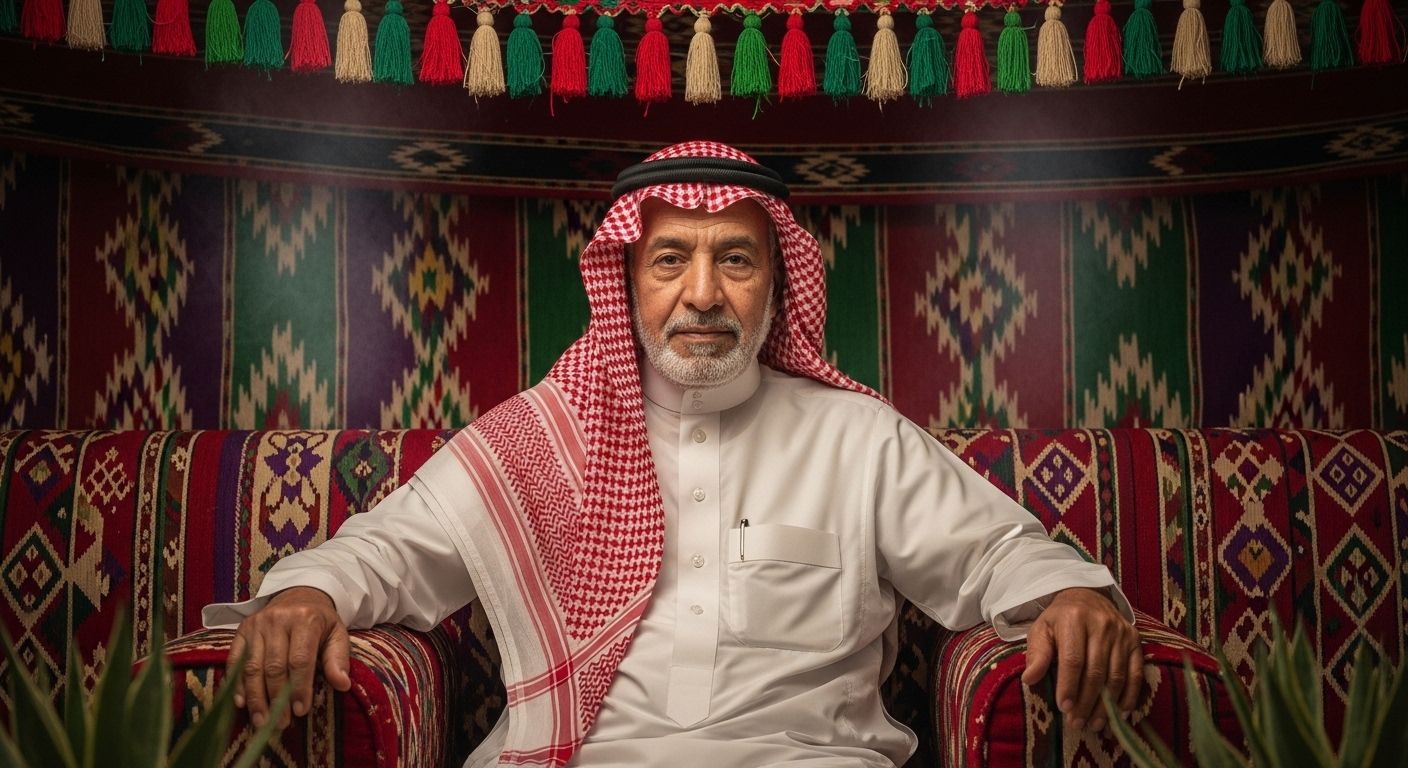 An elderly man wearing Saudi dress sits on a sofa decorated with traditional patterns inside an Arab council.