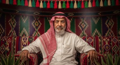 An elderly man wearing Saudi dress sits on a sofa decorated with traditional patterns inside an Arab council.