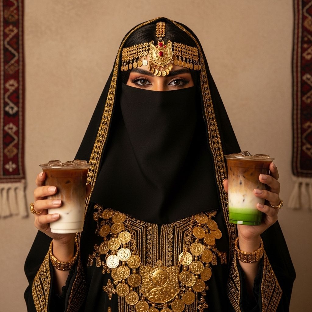 A Gulf woman wearing a niqab holds two cups of cold coffee.
