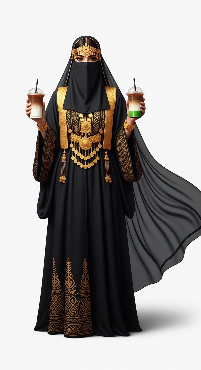 A Gulf woman wearing a niqab holds two cups of cold coffee.