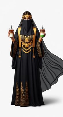 A Gulf woman wearing a niqab holds two cups of cold coffee.