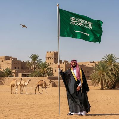 A Saudi man wearing Saudi clothing holding the flag of the Kingdom of Saudi Arabia