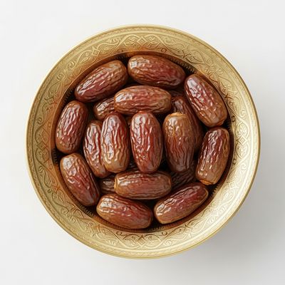 Golden ornate plate filled with fresh dates