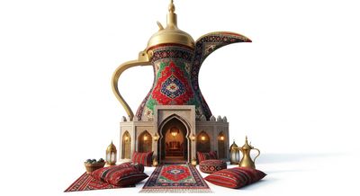 Arabic coffee pot with a design covered with colorful oriental motifs