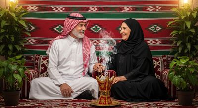 A Saudi family sitting in a heritage council.