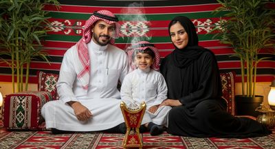 A Saudi family sitting in a heritage council.