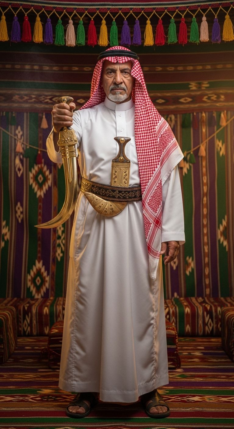 An elderly man wearing Saudi clothing stands inside an Arab majlis.