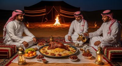 A traditional Arab desert session brings together three Gulf men in the desert at night.