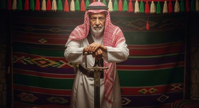 An elderly man wearing Gulf clothing stands inside an Arab council.