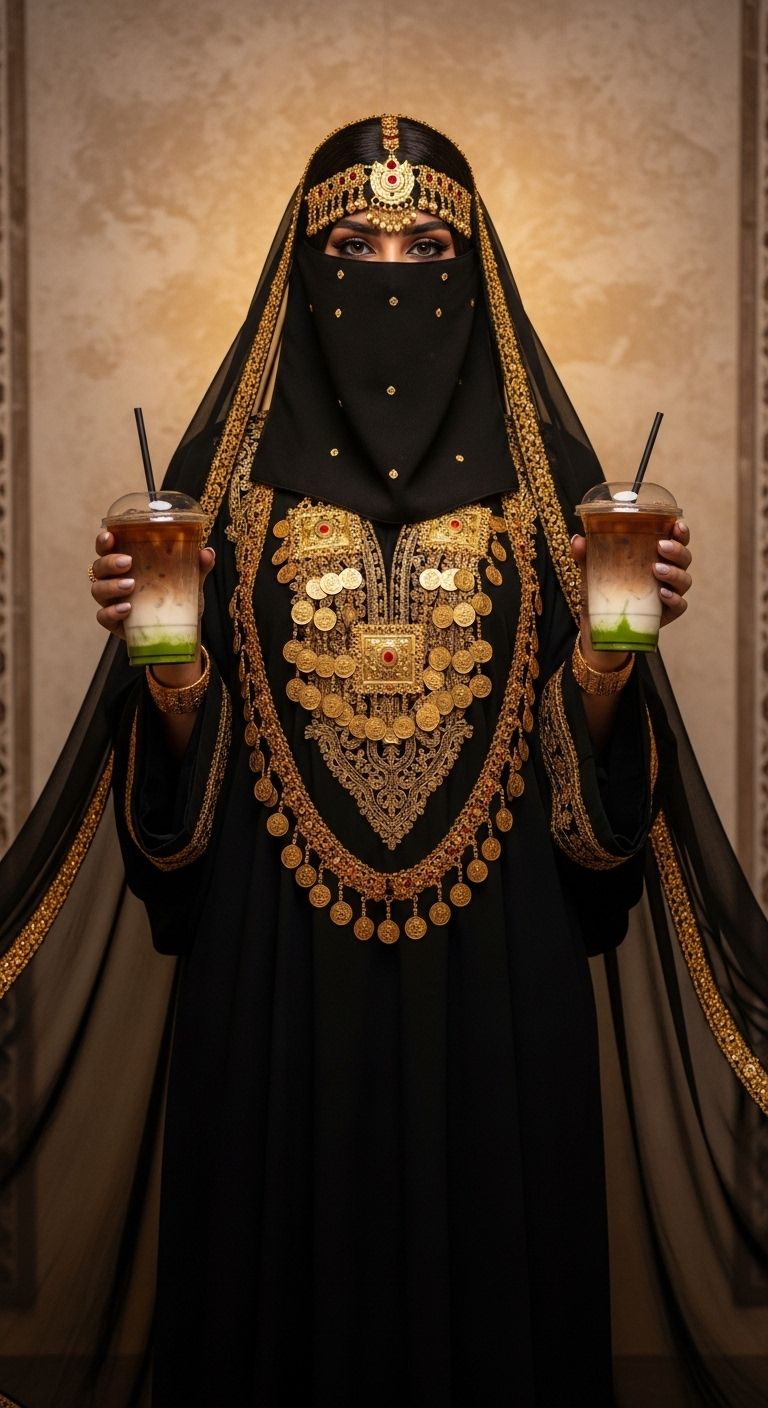 A Gulf woman wearing a niqab holds two cups of cold coffee.