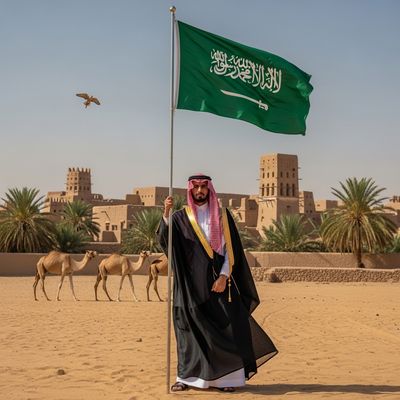 A Saudi man wearing Saudi clothing holding the flag of the Kingdom of Saudi Arabia