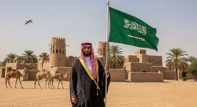 A Saudi man wearing Saudi clothing holding the flag of the Kingdom of Saudi Arabia