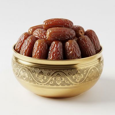 Golden ornate plate filled with fresh dates