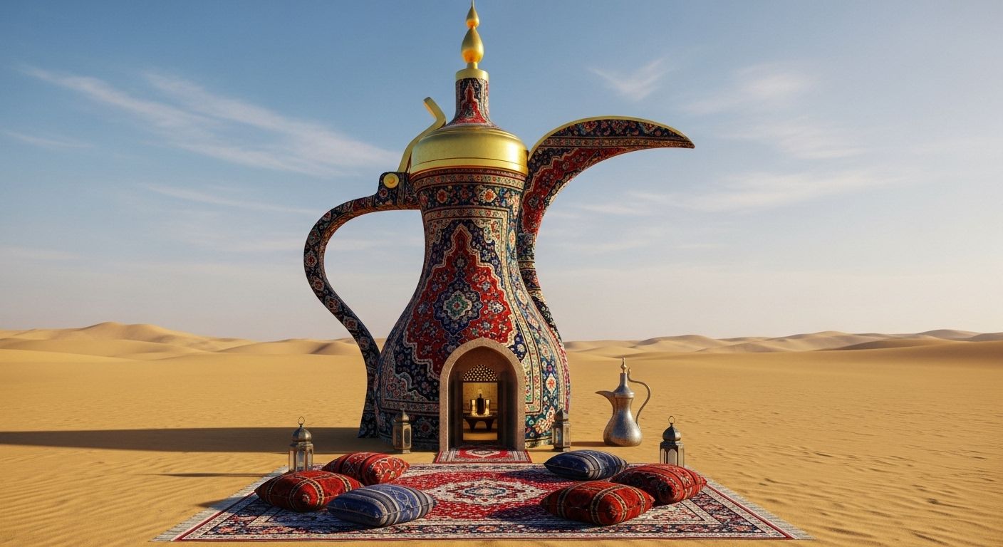 Arabic coffee pot with a design covered with colorful oriental motifs
