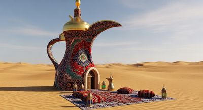 Arabic coffee pot with a design covered with colorful oriental motifs