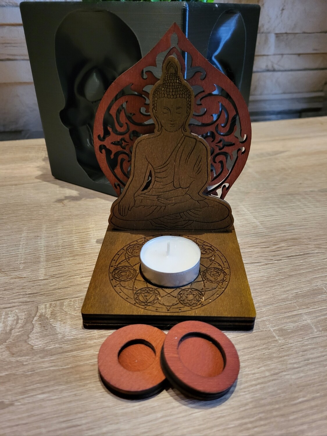 Buddha Kugel oder Teelichthalter aus Holz, 3teilig. Handbemalt. In verschiedenen Farben 