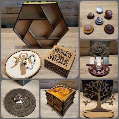 Alles an Zubehör für Schmuck, Edelsteine und spirituelles, aus Holz. 
