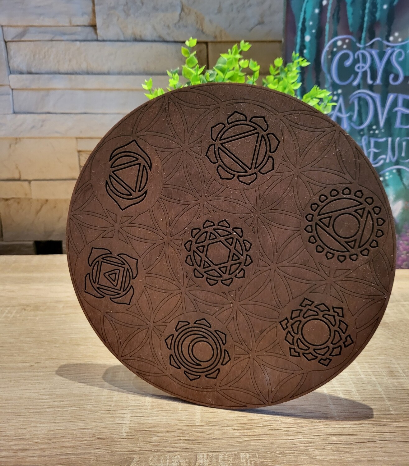 Chakra Teller "Blume des Lebens" aus Holz, handbemalt.