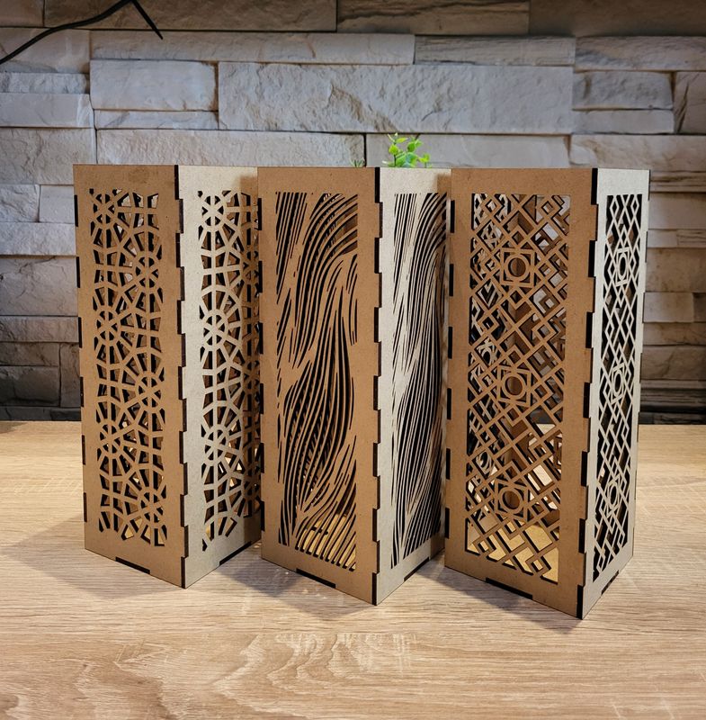 grosses Windlicht aus Holz für LED Kerzen in 3  Motiven.