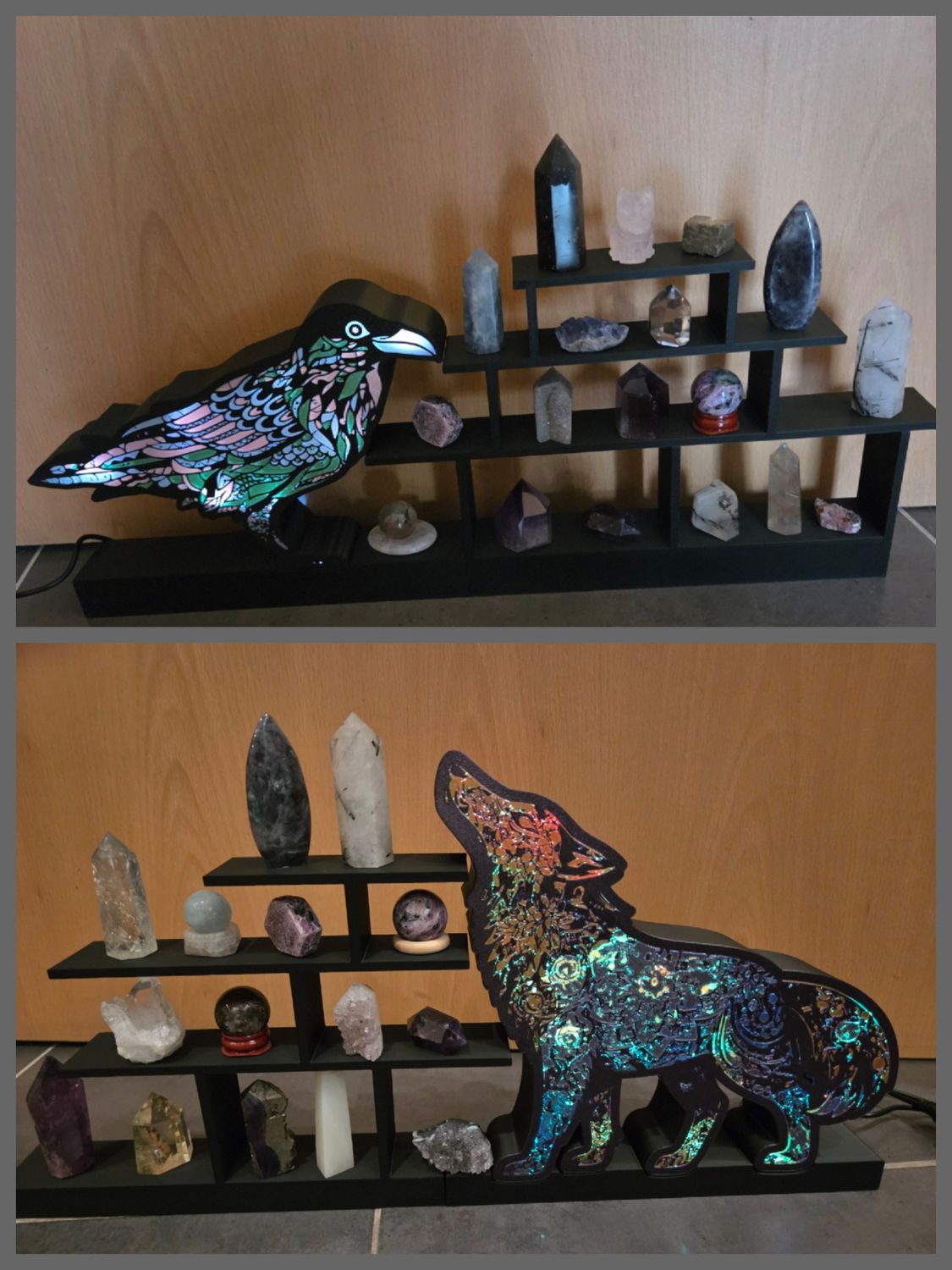 LED Wolf oder Rabe mit Regal. Zur Präsentation oder Dekoration von Edelsteinen, Mineralien/Kristalle oder andere Dinge. Ab 69.95€ LED Wolf oder Rabe mit Regal. Zur Präsentation oder Dekoration von Edelsteinen, Mineralien/Kristalle oder andere Dinge. Ab 69.95€