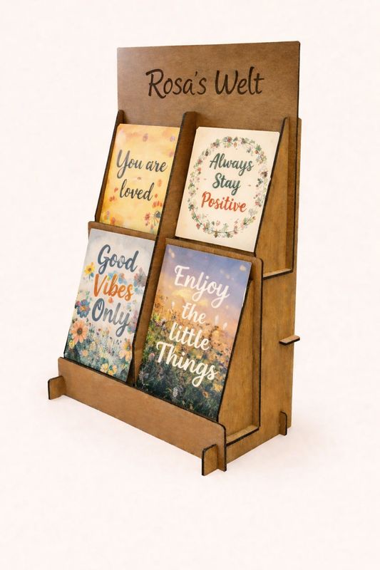 Postkarten, Prints Display, Markt Ständer, Aufsteller aus Holz, zur Präsentation mit vier Fächer, personalisierbar. In verschiedenen Farben erhältlich. Postkarten, Prints Display, Markt Ständer, Aufsteller aus Holz, zur Präsentation mit vier Fächer, personalisierbar. In verschiedenen Farben erhältlich.