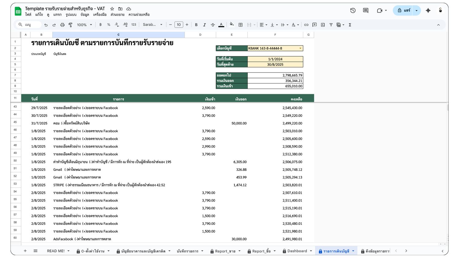 Template บันทึกรายรับรายจ่าย เพื่อธุรกิจ แบบมี VAT