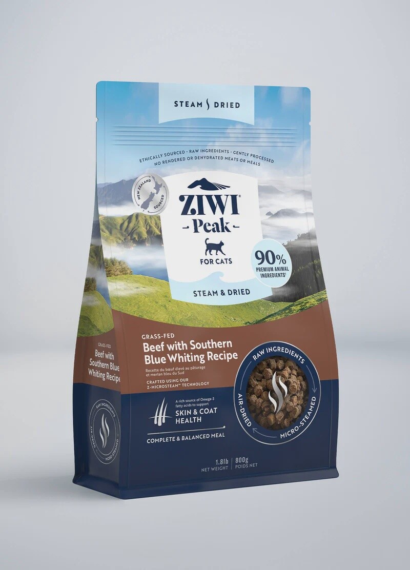 Ziwi Peak Steam &amp; Dried - Beef with Southern Blue Whiting Cat Food Recipe, Size: 800g