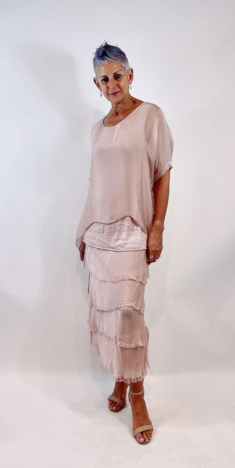 La Strada Multi Layered Sequin Silk Dress LSD21-703SQ, Colour: Blush Pink, Size: S