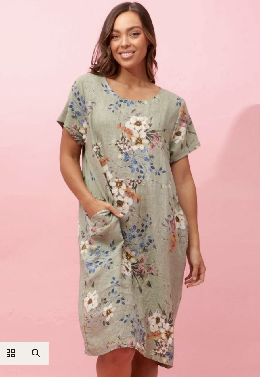 Bottega Moda Short Sleeve Floral Printed Dress D516413, Colour: Khaki, Size: 8