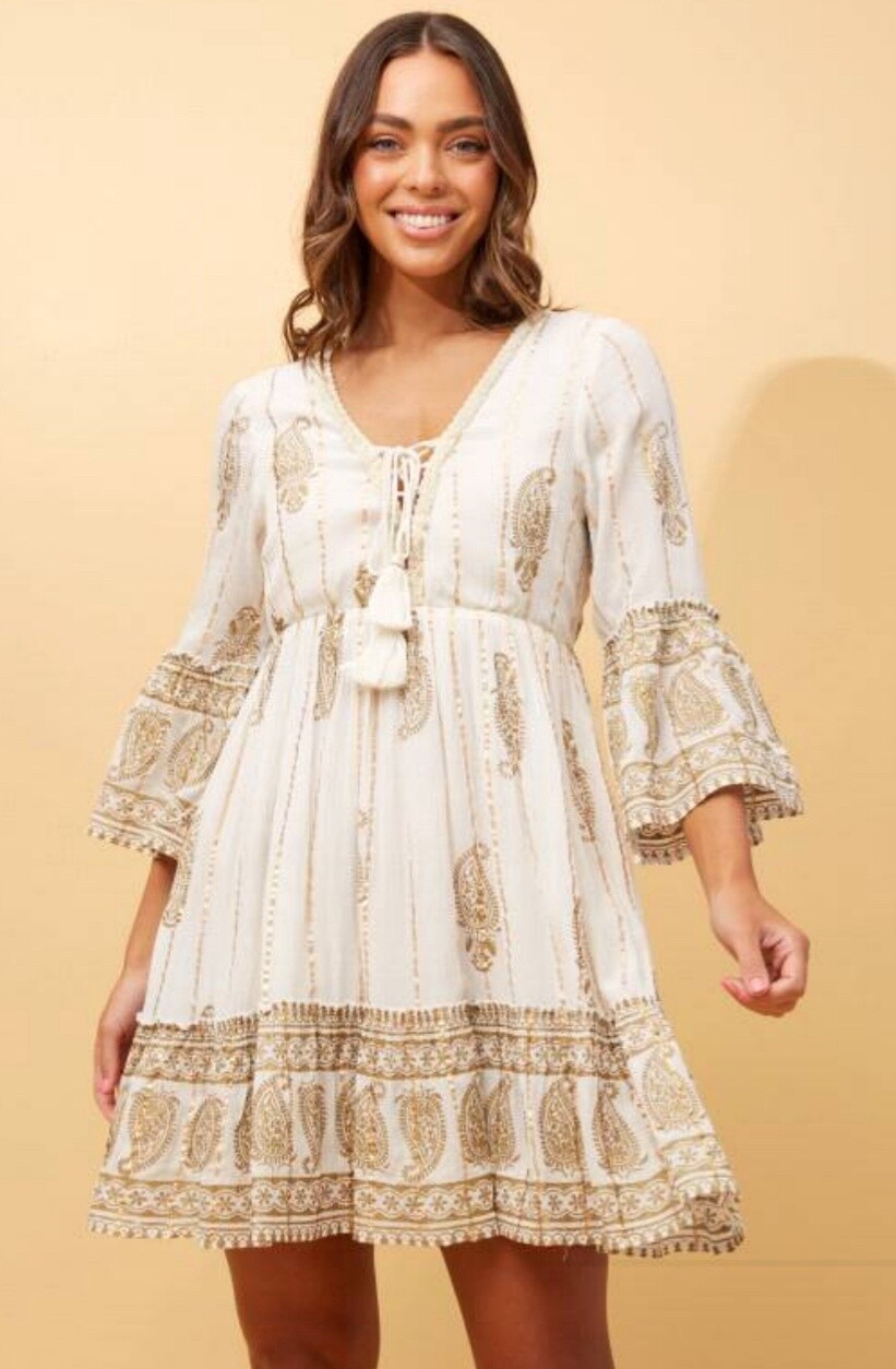 Caroline Morgan 3/4 Sleeve Print Midi Dress D167756, Colour: White, Size: 8