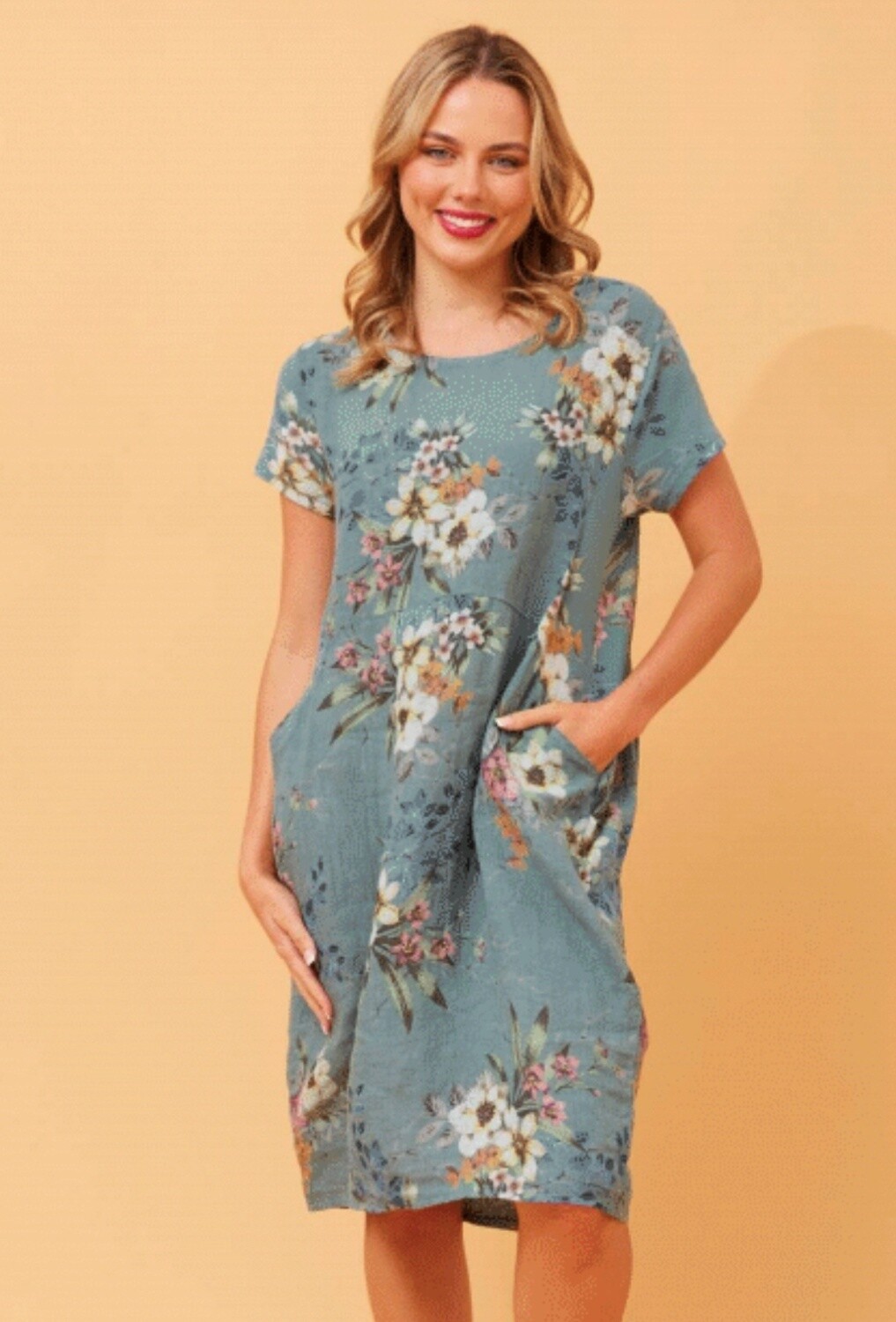 Bottega Moda Short Sleeve Floral Dress D518534, Colour: Teal, Size: 8